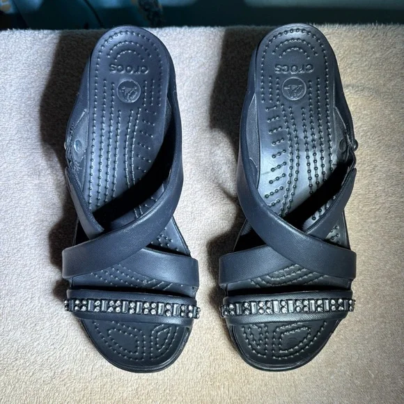 CROCS Black High Heeled Sandals with Rhinestones Accents - Picture 2 of 7